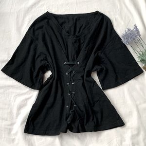 🇰🇷 unique black laced t-shirt, drop sleeve, V neck, oversize fit, size XS